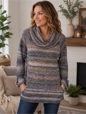 Jillian Nicole Cowl Neck Sweater Womens LP Blue Brown Space Dye Marled Knit
